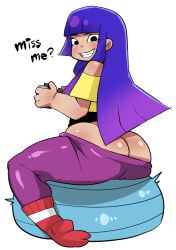 1girls asian ass black_eyes clothing english_text exercise_ball female female_only glitch_techs gradient_hair human long_hair looking_at_viewer looking_back looking_back_at_viewer miko_kubota multicolored_hair nickelodeon pants pants_down purple_hair purple_pants red_socks shiny_skin socks solo ssstation05 tan_body text very_long_hair white_background yoga_ball