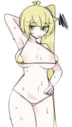 voifoooork vocaloid fanloid akita_neru yellow_eyes one_arm_up 1girls female female_only female_focus big_breasts twitter_link color white_background simple_background light_skin blonde_hair sweat sweatdrop golden_bikini bikini open_mouth