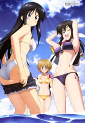 10s 3girls absurd_res ass bikini black_bikini black_hair black_shorts blue_eyes blush bow breasts brown_eyes brown_hair butt_crack clothes_pull cloud day denim denim_shorts embarrassed eyebrows front-tie_bikini_top front-tie_top futsuzawa_jiemon green_eyes hair_between_eyes highres jacket jacket_over_swimsuit kneepits kurata_ami long_hair long_riders! medium_breasts multiple_girls navel niigaki_aoi official_art one_eye_closed open_mouth outdoors scan short_hair shorts shorts_pull side-tie_bikini_bottom sideboob skindentation sky small_breasts striped_bikini striped_clothes swimsuit takamiya_saki teeth undressing upper_teeth_only wading water white_bikini