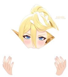 1girl 1other blacksaikou blonde_hair blush centorea_shianus hair_between_eyes hand_on_another's_head highres long_hair looking_at_viewer mole mole_under_eye monster_musume_no_iru_nichijou negative_space oral paid_reward_available ponytail pov simple_background solo_focus spread_legs white_background