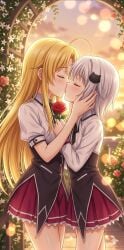 ai_generated high_school_dxd asia_argento koneko_toujou 2girls female_only lesbian yuri lesbian_couple girlfriends lesbian_lovers girls_love rose school_uniform schoolgirl blush closed_eyes kissing lesbian_kiss flat_chest small_breasts romantic_ambiance romantic_couple
