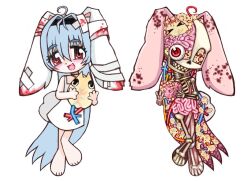 ahoge alunka ambiguous_gender anthro bangs blood blue_hair bodily_fluids bone brain clothed clothing digital_media_(artwork) dress eyeball eyelashes feet female feral gore guts hair heart_creature hindpaw intestines kemono lagomorph leporid looking_at_viewer mammal open_mouth organs paws rabbit red_eyes simple_background skeleton skull smile tail teeth vein white_background white_clothing white_dress