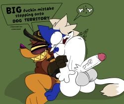 abdominal_bulge absurd_res anal anthro balls big_balls big_penis bonbon_(crazymazies) bone_breaking canid canine canis crazymazies dachshund dialogue domestic_dog duo felid genitals gynomorph hi_res huge_penis hunting_dog hyper hyper_genitalia hyper_penis intersex mammal mind_break penis trans_(lore)
