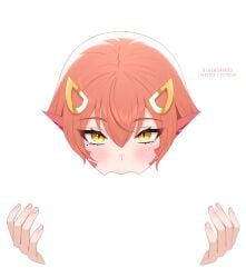 1girl blacksaikou blush fellatio hair_between_eyes highres lamia long_hair looking_at_viewer miia_(monster_musume) mole mole_under_eye monster_musume_no_iru_nichijou negative_space oral paid_reward_available pov red_hair simple_background solo_focus white_background yellow_eyes