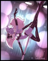 1girls 4_arms :3 amethyst_(steven_universe) blue_eyes cubedcoconut elbow_gloves fusion gem gem_(species) gloves latex latex_gloves latex_thighhighs long_hair multi_arm multi_limb opal_(steven_universe) pearl_(steven_universe) ponytail purple_skin sidelocks steven_universe stripper stripper_pole white_hair