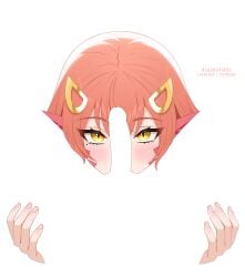 1boy 1girl blacksaikou blush erection hair_between_eyes highres lamia long_hair looking_at_viewer miia_(monster_musume) mole mole_under_eye monster_musume_no_iru_nichijou negative_space paid_reward_available penis pov red_hair simple_background snake_girl solo_focus spread_legs white_background yellow_eyes
