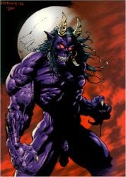 1995 1boy alex_horley archived_source ass black_hair claws dalkiel dated flaccid gay horns long_hair male male_only monster moon muscular penis red_eyes satanika solo yaoi