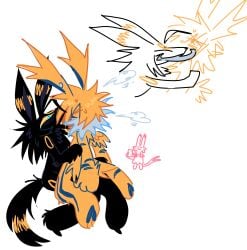 ambiguous_gender ambiguous_penetration anthro arm_scar black_body black_fur blue_eyes blush bodily_fluids duo ear_piercing eeveelution facial_scar fur generation_1_pokemon generation_2_pokemon hi_res hug jolteon kriddykreme leg_scar licking male male/male nintendo on_lap one_wing paws penetration piercing pokemon pokemon_(species) recording_video riding scar sitting sitting_on_another sitting_on_lap sweat tongue umbreon yellow_body yellow_fur