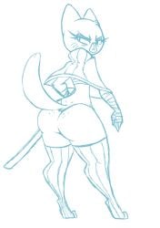 1girls 2026 4_fingers alternate_costume anthro arm_tuft arm_wraps bent_arm big_ass big_butt big_ears big_eyes biped blue_and_white butt cape cartoon_network chest_wraps closed_frown clothed clothed_anthro clothed_female clothing digital_drawing_(artwork) digital_media_(artwork) digitigrade domestic_cat elbow_tuft elderly elderly_anthro elderly_female eyebrows eyelashes felid feline felis female female_only fingers freckled_ass freckled_butt freckles freckles_on_ass frown full-length_portrait fur fur_tuft g-string gilf granny head_tuft head_turned hi_res holding_katana holding_melee_weapon holding_object holding_sword holding_weapon huge_hips humanoid_hands iris katana legwear lidded_eyes long_eyelashes looking_at_viewer looking_back looking_back_at_viewer mammal markings mary_senicourt mature mature_anthro mature_female mature_woman melee_weapon monochrome monotone_background mouth_closed no_pupils old old_woman pattern_clothing pattern_legwear pattern_thigh_highs pointy_ears portrait prick_ears resting_bitch_face round_head shinkaku short_cape simple_background sketch small_waist snout solo solo_female standing striped_clothing striped_legwear striped_thigh_highs stripes sword tail the_amazing_world_of_gumball thick_thighs thigh_highs thin_eyebrows three-quarter_view tuft underwear weapon whisker_markings white_background wide_hipped_anthro wide_hipped_female wide_hips wraps