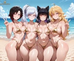 4girls ahoge ai_generated amber_eyes areola_slip areolae_slip arms_around_waist beach beach_background black_hair blake_belladonna blonde_hair blue_eyes cameltoe cat_ears cat_girl catgirl earrings faunus female_only gold_bikini golden_bikini golden_week happy_female large_breasts long_hair looking_at_viewer medium_breasts multiple_girls peace_sign ponytail pose posing posing_for_the_viewer purple_eyes purple_hair red_eyes ruby_rose rwby seductive_smile sexy sexy_body sexy_female short_hair side-by-side side_by_side side_hug side_ponytail silver_eyes skimpy_bikini small_breasts smile smiling smiling_at_viewer standing tagme tight_clothing twistedpeach two-tone_hair weiss_schnee white_hair yang_xiao_long