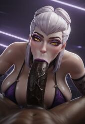 1boy 1girls 3d ai_generated big_breasts big_penis blowjob breasts dark-skinned_male evelynn evelynn_(league_of_legends) fellatio female k/da_evelynn k/da_series league_of_legends light-skinned_female neon_lights orange_eyes penis pov sucking sucking_penis veiny_penis white_hair