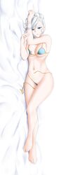 absurdres alfred_cullado areola_slip areolae banned_artist barefoot bed_sheet bikini blue_bikini blue_eyes breasts cleavage closed_mouth dakimakura female from_side hair_between_eyes highres incredibly_absurdres looking_at_viewer lying medium_breasts navel on_side rwby sideboob silver_hair simple_background solo swimsuit tied_hair underboob untied untied_bikini white_background winter_schnee