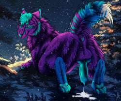 2026 animal_genitalia animal_penis anus blue_anus blue_claws blue_eyes blue_hair blue_nose blue_pawpads blue_penis blue_tail bodily_fluids butt_tuft canid canine canine_genitalia canine_penis cheek_tuft chest_tuft claws closed_smile cum cum_on_ground cum_string dated erection facial_tuft feral fur genital_fluids genitals glistening glistening_eyes hair hi_res knot looking_at_viewer male male_feral mammal markings mouth_closed msdeadsoul neck_tuft night pawpads penis plant pupils purple_body purple_fur purple_tail short_hair sky slit_pupils smile snow snowing solo striped_markings striped_tail stripes tail tail_markings tree tuft white_tail