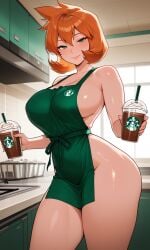 iced_latte_with_breast_milk_(meme) misty_(pokemon) misty_(pokemon_hgss) iced_latte_with_breast_milk kasumi_(pokemon) pokemon ai_generated apron bare_shoulders clothing green_apron hadaka_apron hair_between_eyes nearly_naked_apron blush breasts busty clavicle cleavage curvaceous female green_eyes huge_breasts large_breasts lips orange_hair shiny_skin short_hair sideboob thick_thighs thighs wide_hips closed_mouth smile standing holding holding_cup looking_at_viewer coffee_cup cup disposable_cup drinking_straw window coffee 1girl female_only indoors kitchen solo