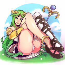 clothing grand-sage green_eyes green_hair kid_icarus long_hair looking_to_the_side nintendo outdoors palutena panties presenting solo thick_thighs video_games white_panties