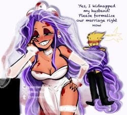 blood_on_face blood_stain blush breasts bride bride_veil choker cleavage dress hand_on_face hand_on_hip headgear lily_lovebraids long_hair makeup miss_mio poppy_playtime purple_hair sleeves slim_waist smile speech_bubble tagme text tied tied_up tight_clothing voluptuous wide_hips yandere