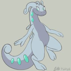 2025 2_toes 3_fingers anthro big_tail countershading dated digital_drawing_(artwork) digital_media_(artwork) digitigrade eyelashes feet female fingers flat_chested flat_colors front_view generation_6_pokemon genitals goodra green_eyes grey_body hi_res innie_vulva laeda long_neck long_tail looking_aside mollusk multicolored_body nintendo nude nude_anthro nude_female on_one_leg pokemon pokemon_(species) procreate_(artwork) purple_body purple_countershading purple_outer_labia purple_vulva scalie signature simple_background smile snout solo spe standing tail tan_background tapering_tail thick_tail thick_thighs toes two_tone_body vulva wide_hips