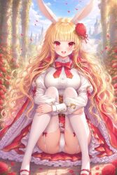 rabbithealer shadowverse skirt panties sitting smile happy shirt thighhighs shoes pumps ai_generated