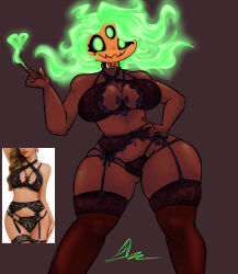 bra breasts choker dark-skinned_female dark_skin edworld glowing_eyes glowing_hair green_eyes green_hair hand_on_hip heart lingerie looking_at_viewer original original_character panties pumpkin pumpkin_head reference_image slim_waist smile stockings tagme thick_thighs underwear voluptuous wide_hips