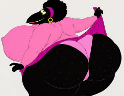 1girls afro ai_generated anthro ass_focus back_view bbw bertha big_ass big_bertha_(fritz) big_breasts black_body black_feathers chubby chubby_female cleavage crow earrings erect_nipples fat fat_ass feathers female female_only fritz_the_cat from_behind gigantic_breasts huge_ass huge_breasts looking_back matronai_(artist) nipple_bulge pink_panties plump rear_view skirt_lift skirt_up solo tagme thick_thighs