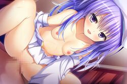 1boy :d bare_legs blush breasts censored clothed_sex collarbone cowgirl_position cowgirl_position detached_sleeves female flower_knight_girl game_cg huei_nazuki long_hair looking_at_viewer mosaic_censoring navel nipples official_art open_mouth penis purple_eyes purple_hair pussy sawagikyou_(flower_knight_girl) sex shiny shiny_skin skirt small_breasts smile spread_legs squatting straddling straight vaginal_penetration white_skirt white_sleeves