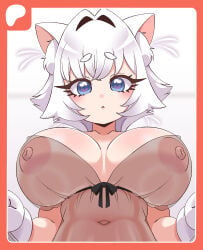 1girl absurdres animal_ear_fluff animal_ears blue_eyes border breasts breasts_apart cat_ears collarbone commentary english_commentary erigo erigod71 gloves hair_intakes heart heart_in_eye highres kimi_no_koto_ga_dai_dai_dai_dai_daisuki_na_100-nin_no_kanojo large_breasts looking_at_viewer navel nekonari_tama nipples patreon_logo red_border see-through_clothes short_hair simple_background solo symbol_in_eye triangle_mouth upper_body white_background white_gloves white_hair