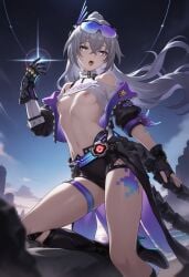 silver_wolf_(honkai:_star_rail) silver_wolf_(lv.999)_(honkai:_star_rail) silver_wolf_(honkai_star_rail) nipples gloves long_hair 1girl breasts open_mouth black_gloves rating:questionable small_breasts bare_shoulders jacket sky looking_at_viewer navel bangs eyewear_on_head grey_eyes silver_hair thigh_strap flat_chest