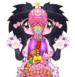 accessory alunka ambiguous_gender anthro black_hair blush bow_ribbon breasts digital_media_(artwork) domestic_cat felid feline felis female feral group guts hair hair_accessory hair_bow hair_ribbon heart_(organ) hi_res intestines kemono looking_at_viewer lung mammal nipple_piercing nipples organ_creature organs paws piercing ribbons scar self-harm_scars simple_background smile white_background
