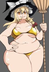 :3 big_breasts bikini bikini_bottom bikini_top bow_tie bowtie bra breasts chubby chubby_female half-closed_eyes hand_on_hip hat holding holding_object looking_at_viewer marisa_kirisame oiled oiled_skin oily oily_skin orange_eyes ribznsfw smile smiling smiling_at_viewer thick thick_ass thick_butt thick_hips thick_legs thick_thighs touhou touhou_project witch_hat