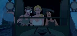 1boy 2girls atlantis:_the_lost_empire audrey_ramirez big_breasts breasts cleavage disney edit helga_sinclair human human_only large_breasts milo_thatch nervous nipple_slip no_bra screenshot screenshot_edit shaking trio