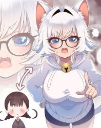 2girls 3_3 absurdres angry animal_ear_fluff animal_ears arrow_(symbol) bell bespectacled black-framed_eyewear blue_eyes blush body_switch braid breasts brown_hair cat_ears cat_girl cat_tail chibi chibi_inset collar commentary_request drawstring english_commentary erigo erigod71 fangs glasses hair_intakes hand_on_own_hip heart heart_in_eye highres hood hood_down hoodie iin_chiyo index_finger_raised jingle_bell kimi_no_koto_ga_dai_dai_dai_dai_daisuki_na_100-nin_no_kanojo large_breasts leaning_forward long_sleeves looking_at_viewer mixed-language_commentary multiple_girls neck_bell nekonari_tama open_mouth personality_switch pink_collar puff_of_air symbol_in_eye tail triangle_mouth twin_braids v-shaped_eyebrows white_hair white_hoodie zoom_layer
