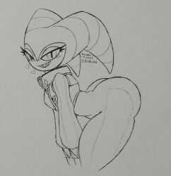 monochrome ass_focus bent_forward big_ass curvy_figure eyeshadow jester jester_hat nights nights_into_dreams sharp_teeth suggestive thick_thighs thighs