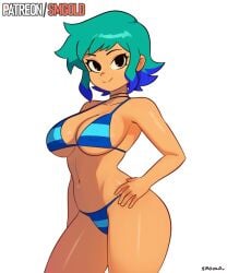 bikini black_eyes blue_bikini blue_hair breasts choker hand_on_hip looking_at_viewer navel no_irises ramona_flowers scott_pilgrim short_hair slim_waist smgold tagme tan-skinned_female tan_skin thick_thighs turquoise_hair two_tone_hair voluptuous wide_hips