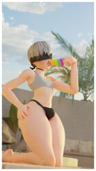 bitterpole 3d nier nier:_automata yorha_9s 1boy male male_only solo light_skin light-skinned_male clothing white_hair short_hair blindfold femboy trap bulge thick_thighs popsicle male_focus