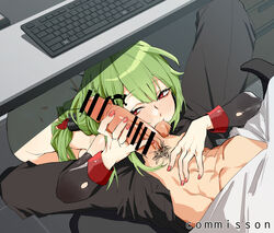 1boy 1girls abs back bangs banssee bar_censor blush censored clothed_male_nude_female detached_sleeves erection fellatio female girls'_frontline green_hair highres keyboard_(computer) long_hair male_pubic_hair mk48_(girls'_frontline) nude oral penis pubic_hair red_eyes red_nails straight sucking_testicles sweat under_the_table