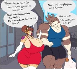 2026 5_fingers anthro armwear betsibi big_breasts big_bulge big_muscles black_clothing blue_clothing bread breasts brown_hair building bulge clothing container crosswalk dialogue duo_focus eikasianspire elbow_gloves english_text eyes_closed eyewear felid feline female fingers food glasses gloves group hair handwear hi_res huge_breasts huge_bulge ike_(eikasianspire) lagomorph legwear leporid lipstick makeup male mammal milk_carton milk_container muscular muscular_anthro muscular_male open_mouth outside rabbit red_clothing red_lipstick road shopping_bag sidewalk text white_clothing white_legwear