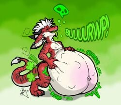 2025 anthro barbell_piercing belly belly_blush belly_squish big_belly black_ear_tips blorp blush body_blush burping dathgar dathy_(dathgar) digital_drawing_(artwork) digital_media_(artwork) digitigrade dipstick_ears dragon ear_markings ear_piercing ear_ring english_description eyes_closed fart fart_cloud fur gassy gradient_background green_background green_tongue gurgle_(sound_effect) hair hand_on_own_belly hi_res hybrid industrial_piercing kobold male mohawk multicolored_ears mythological_creature mythological_scalie mythology navel navel_barbell navel_piercing nipple_barbell nipple_piercing nipples onomatopoeia open_mouth oral_vore outie_navel piercing red_body red_fur ring_piercing rumbling_stomach scalie simple_background skull_symbol solo sound_effects squish standing struggling struggling_prey tail tail_tuft tan_body tan_fur text tongue tongue_out tongue_piercing tongue_stud tuft veiny_belly vore white_hair white_tail_tuft
