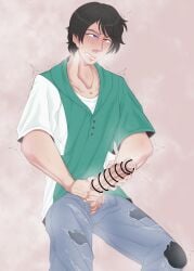 1boy balls balls_out black_hair breath_cloud censored censored_penis clenched_teeth clothed clothed_masturbation colored cum disaste1960713 eyes_rolling_back green_shirt hands_on_own_penis hands_on_penis heavy_breathing heterochromia hi_res kamen_rider kamen_rider_build_(series) male male_focus male_only masturbation open_pants orgasm orgasm_from_masturbation pants_open penis penis_out polo_shirt red_and_blue_eyes ripped_jeans ripped_pants sento_kiryu solo sweat sweatdrop sweating t-shirt tremble_lines tremble_spikes trembling trembling_penis twitch_lines twitching twitching_penis