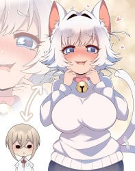 2girls :> :d absurdres animal_ear_fluff animal_ears arm_under_breasts arrow_(symbol) bell blonde_hair blush body_switch breasts cat_ears cat_girl cat_tail chibi chibi_inset closed_eyes collar commentary_request drawstring english_commentary erigo erigod71 facing_viewer hair_intakes highres hood hood_down hoodie jacket jingle_bell kimi_no_koto_ga_dai_dai_dai_dai_daisuki_na_100-nin_no_kanojo large_breasts long_sleeves mixed-language_commentary multiple_girls neck_bell nekonari_tama open_clothes open_jacket personality_switch pink_collar puff_of_air smile solid_oval_eyes sparkle sutou_iku tail white_hair white_hoodie zoom_layer