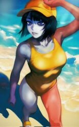 1girls beach blue_eyes breasts ena ena_(dream_bbq) ena_(series) female female_focus female_only hat human_ena_(dream_bbq) looking_away midnightl outdoors red_body sfw shielding_eyes swimsuit tagme thick_thighs walking water white_body