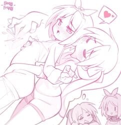 2girls behind_another biting biting_ear blush bow clenched_hand closed_eyes clothes_lift clothes_pull commentary english_commentary female_ejaculation fingering groping hair_bow heart highres hiiragi_kagami hiiragi_tsukasa imagining incest kagami_hiiragi long_hair lucky_star moaning monochrome multiple_girls nipple_stimulation open_mouth pants pants_pull parted_bangs pink_theme ponytail shirt_lift short_hair shorts siblings signature sisters sleeping sleepy_frippy spoken_heart sweat tsukasa_hiiragi yuri