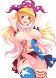 1girls american_flag american_flag_legwear american_flag_shirt blonde_hair breasts clownpiece cowboy_shot dress female looking_at_viewer looking_down maebari no_bra nopan open_mouth pasties purple_eyes pussy simple_background skirt_lift smile solo thighhighs touhou tro upskirt white_background worm's-eye_view