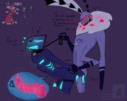 2boys 4_arms anal anal_sex antennae anthro collar cum cum_in_ass cum_inside degradation english_text gay gay_sex grabbing_arm hazbin_hotel inside_view leash leash_pull male moan moaning nipple_piercing penis pink_cum precum prostate prostate_stimulation robot screen_face shake_lines smile smiling stomach_bulge sweat tentacle_penis tv_head valentino_(hazbin_hotel) vox_(hazbin_hotel)