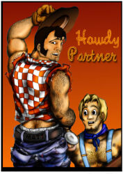 2boys archived_source ass back_view black_hair blonde_hair butt_crack cowboy cowboy_hat english_text flaccid flannel_shirt gay gradient_background hairy hairy_ass light_skin looking_back male male_only matt_(charles_edward_kerbs) orange_background original penis simple_background tagme text yaoi