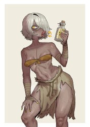 1girl absurdres arrow_(symbol) bandaged_arm bandages bent_over blush body_freckles bottle breasts chest_freckles chinese_commentary collarbone commentary_request cork corked_bottle cum cum_in_container dark-skinned_female dark_skin ebonyxh eyes_visible_through_hair eylin_eyla_(ebonyxh) female_pubic_hair freckles hair_over_one_eye hand_on_own_thigh highres holding holding_bottle looking_at_viewer open_mouth original pointy_breasts pubic_hair ringed_eyes rope_belt scar scar_on_arm scar_on_cheek scar_on_chest scar_on_face scar_on_leg scar_on_neck scar_on_shoulder scar_on_stomach scar_on_thigh sexually_suggestive short_hair simple_background small_breasts solo steaming_body sweat swirling tongue tongue_out very_sweaty white_background white_hair white_pubic_hair yellow_background yellow_eyes yellow_nails