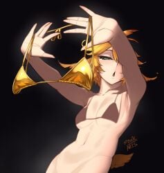 1girls black_background blonde_hair bottomless breasts covered_nipples covering dokibird female_only gold_bikini golden_bikini golden_bikini_top hair_wings head_wings holding holding_bikini_top holding_clothing holding_object holding_topwear light-skinned_female light_skin midriff myth1c myth1carts navel no_nipples nude open_mouth seductive shadow virtual_youtuber vtuber waist yellow_hair