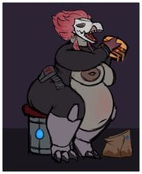 3_fingers 3_toes alien anthro avian bag breasts burger clockworkii eyes_closed feather_hair feathered_crest feathers feet female fingers food greasy hair_wraps halo_(series) head_crest hi_res kig-yar microsoft non-mammal_breasts overweight paper_bag pseudo_hair red_body red_feathers scalie sharp_teeth sitting solo t'vaoan teeth toes xbox_game_studios