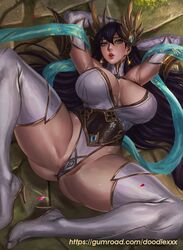 1girls alternate_costume anus big_breasts black_hair blue_eyes breasts cleavage divine_sword_irelia earrings ecoas female female_only hair_ornament high_heels immortal_journey_series irelia_xan large_breasts league_of_legends looking_at_viewer open_mouth solo spread_legs thick_thighs thighhighs tight_clothing