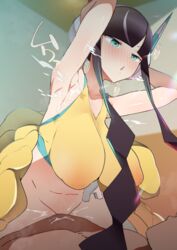 1boy 1girls alternate_breast_size areolae armpits arms_behind_head arms_up bangs bare_shoulders belly big_breasts black_hair blue_eyes blunt_bangs blush bottomless breasts clothed_female_nude_male coat covered_nipples cowgirl_position dark-skinned_male dark_skin elesa_(pokemon) elesa_(pokemon_bw2) faceless_male female furau gym_leader half-closed_eyes hanging_breasts headphones heart heavy_breathing highres human interracial inverted_nipples large_breasts long_hair lying male navel nipples nude on_back on_top open_mouth pokemon pokemon_bw2 pussy_juice riding sagging_breasts see-through sex shirt spoken_heart straddling straight sweat tank_top text twintails vaginal_sex wet