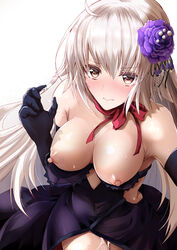 3: areolae blonde_hair blush bow bowtie breasts elbow_gloves fate/grand_order fate_(series) female flower gloves hair_flower hair_ornament jeanne_alter medium_breasts neck_ribbon nipples purple_gloves pussy_juice pussy_juice_string ribbon rikudou_inuhiko solo white_background yellow_eyes